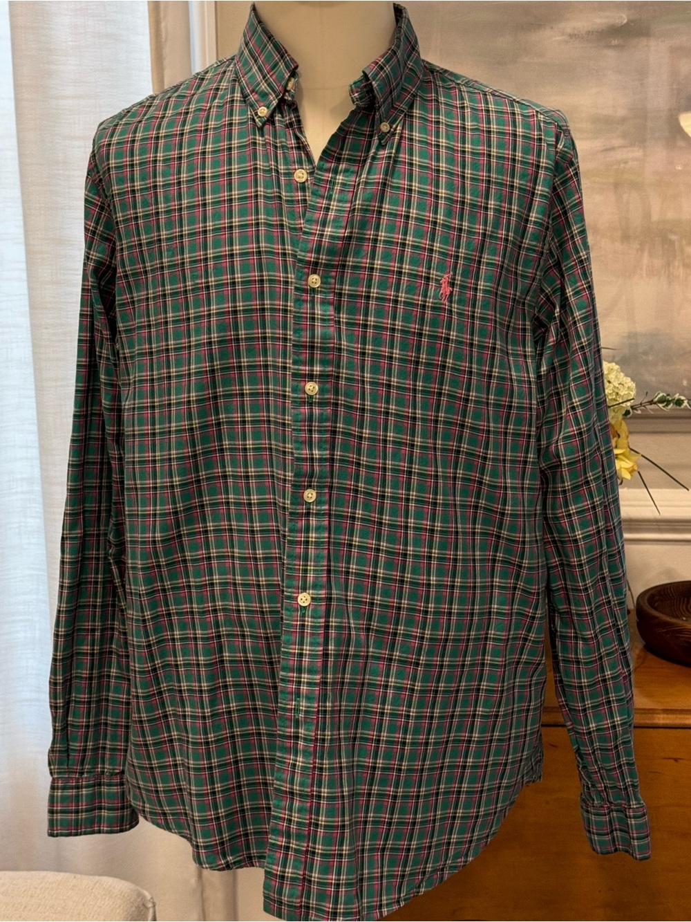 Polo by Ralph Lauren Green and Pink Plaid Button-Down Shirt 100% Cotton!